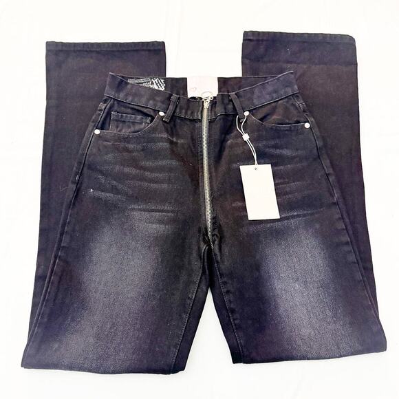 Revice Long Zipper Front Black Denim Distressd Straight Jean Size 28 NWT - Picture 4 of 8